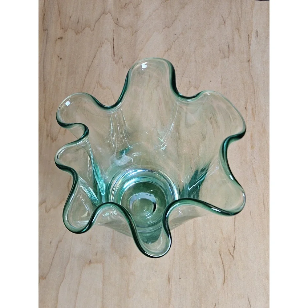 Hand Blown Art Glass Vase Clear Green Striped Ruffled Rim 7 Inch Decorative